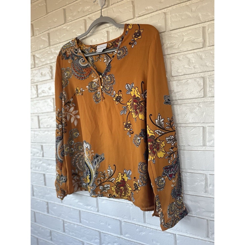 Liz Claiborne Mustard Paisley‎ Boho Blouse Flowy Long Sleeve Cottagecore Top M - Picture 7 of 10
